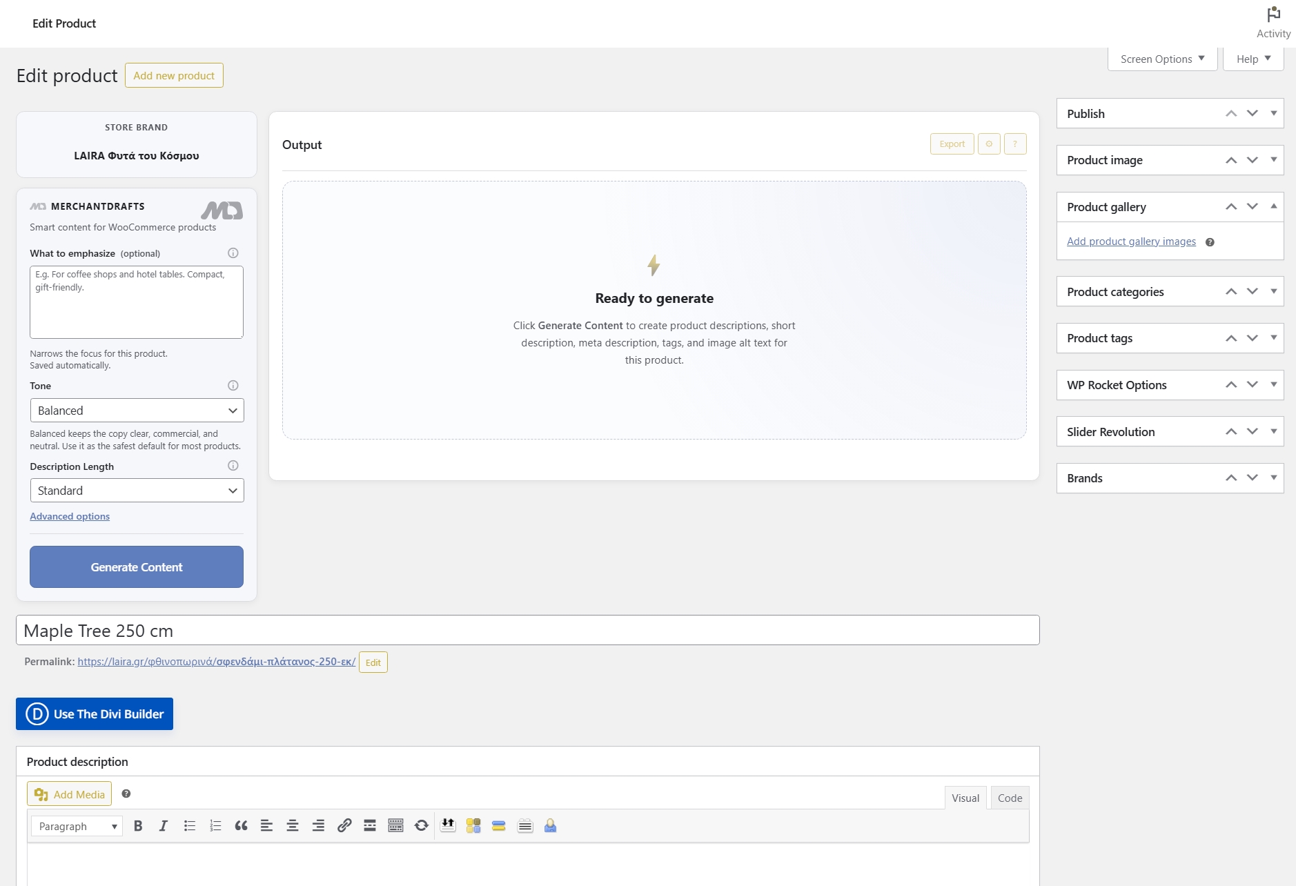 MerchantDrafts product editor showing a WooCommerce product ready for content generation with the Generate Content button and sidebar controls visible.